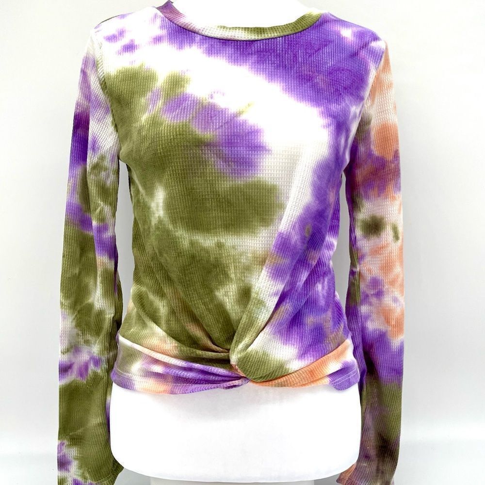 LUSH Women's Crop Top Long Sleeve Peach and Olive Tie-Dye Twist small - Picture 2 of 6
